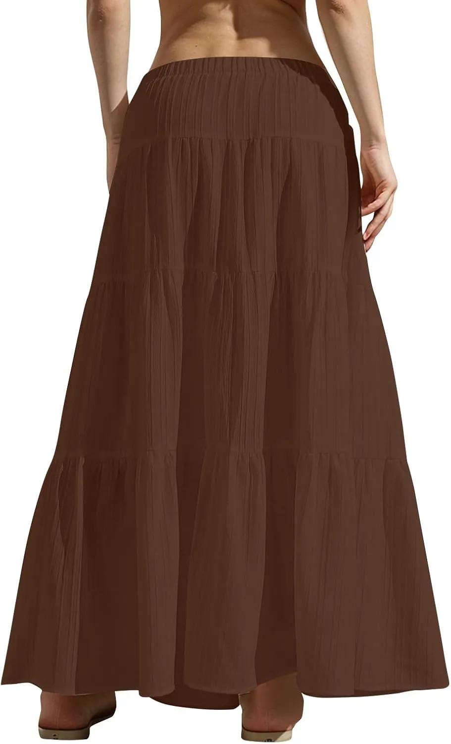 Maxi Skirts for Women Beach Boho Tiered Flowy Swing Midi Skirt Elastic Drawstring Waist Layered Pleated Long Skirt