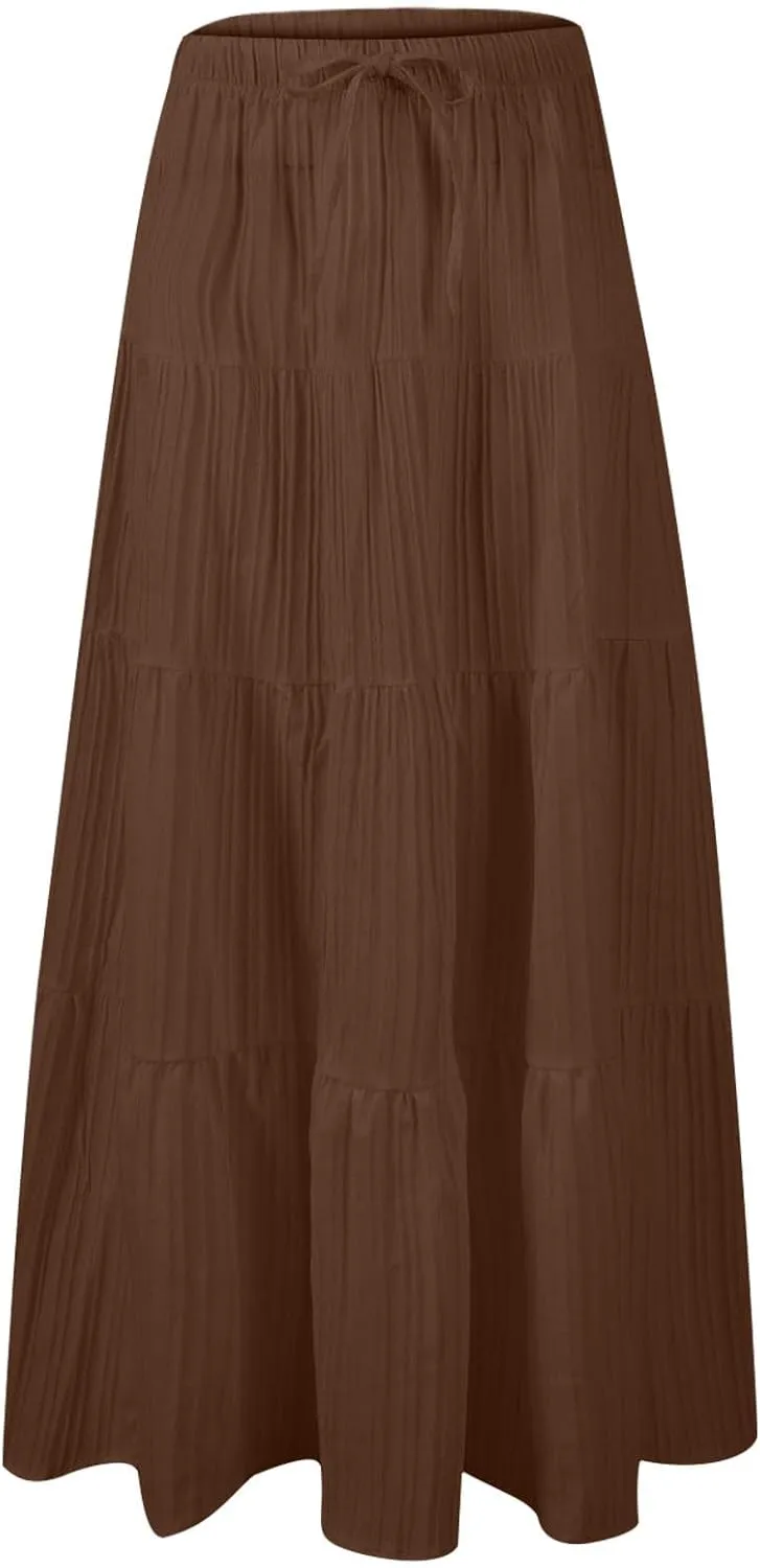Maxi Skirts for Women Beach Boho Tiered Flowy Swing Midi Skirt Elastic Drawstring Waist Layered Pleated Long Skirt