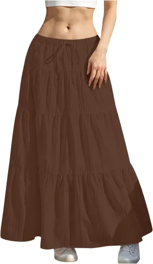 Maxi Skirts for Women Beach Boho Tiered Flowy Swing Midi Skirt Elastic Drawstring Waist Layered Pleated Long Skirt
