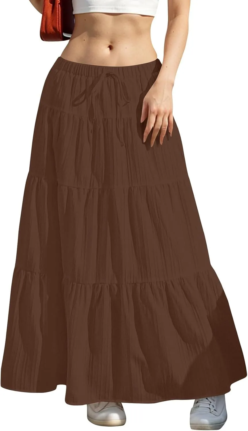 Maxi Skirts for Women Beach Boho Tiered Flowy Swing Midi Skirt Elastic Drawstring Waist Layered Pleated Long Skirt