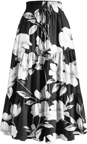 Maxi Skirts for Women Long Tiered A-Line Skirt 2025 Fashion Drawstring High Waist Ankle Length Summer Beach Clothes