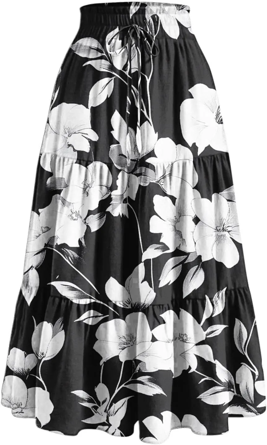 Maxi Skirts for Women Long Tiered A-Line Skirt 2025 Fashion Drawstring High Waist Ankle Length Summer Beach Clothes
