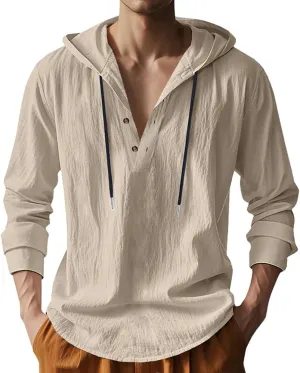 Mens Cotton Linen Hoodies Long Sleeve Button Down Shirts Casual Hawaiian Beach Yoga Sweatshirts