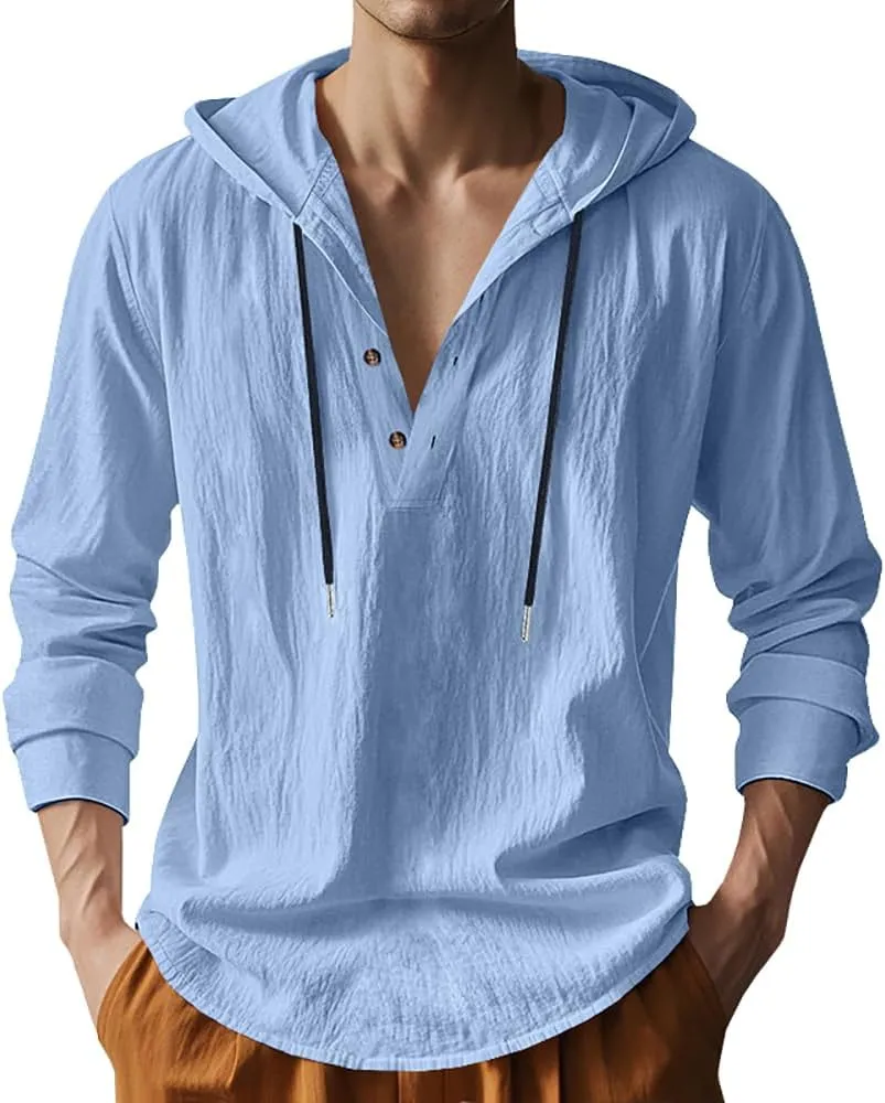 Mens Cotton Linen Hoodies Long Sleeve Button Down Shirts Casual Hawaiian Beach Yoga Sweatshirts
