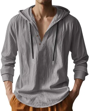 Mens Cotton Linen Hoodies Long Sleeve Button Down Shirts Casual Hawaiian Beach Yoga Sweatshirts