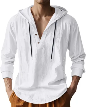 Mens Cotton Linen Hoodies Long Sleeve Button Down Shirts Casual Hawaiian Beach Yoga Sweatshirts