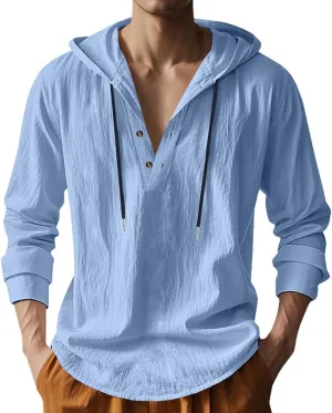 Mens Cotton Linen Hoodies Long Sleeve Button Down Shirts Casual Hawaiian Beach Yoga Sweatshirts