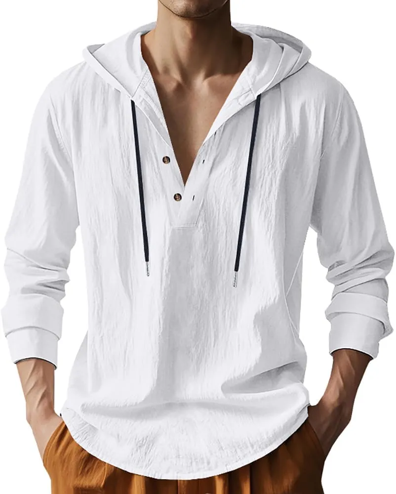 Mens Cotton Linen Hoodies Long Sleeve Button Down Shirts Casual Hawaiian Beach Yoga Sweatshirts