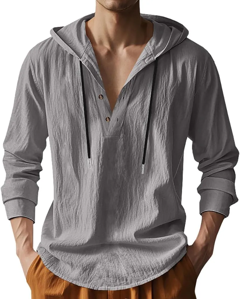 Mens Cotton Linen Hoodies Long Sleeve Button Down Shirts Casual Hawaiian Beach Yoga Sweatshirts