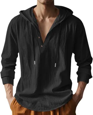 Mens Cotton Linen Hoodies Long Sleeve Button Down Shirts Casual Hawaiian Beach Yoga Sweatshirts