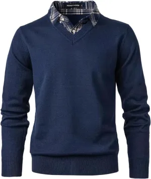 Men's Knit Sweater Fashion Pullover Soft Touch V-Neck Sweatshirt Top with Plaid or White Mock Shirt Collar