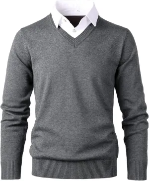 Men's Knit Sweater Fashion Pullover Soft Touch V-Neck Sweatshirt Top with Plaid or White Mock Shirt Collar