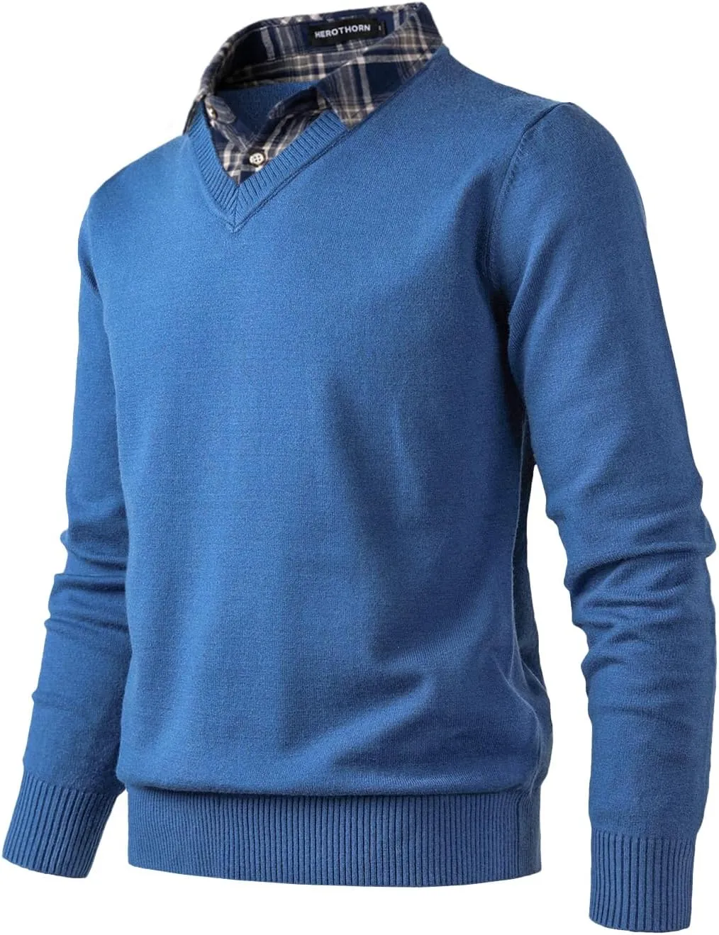Men's Knit Sweater Fashion Pullover Soft Touch V-Neck Sweatshirt Top with Plaid or White Mock Shirt Collar