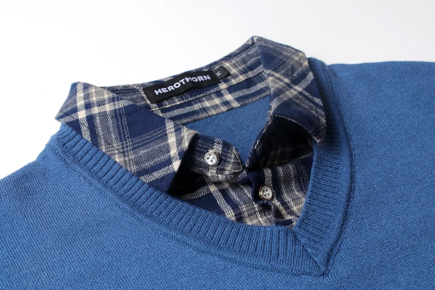 Men's Knit Sweater Fashion Pullover Soft Touch V-Neck Sweatshirt Top with Plaid or White Mock Shirt Collar
