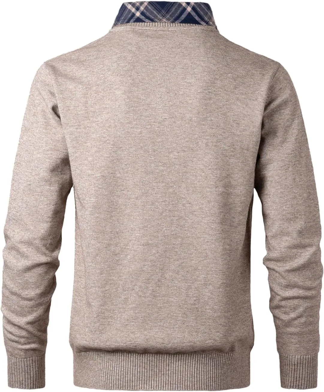Men's Knit Sweater Fashion Pullover Soft Touch V-Neck Sweatshirt Top with Plaid or White Mock Shirt Collar