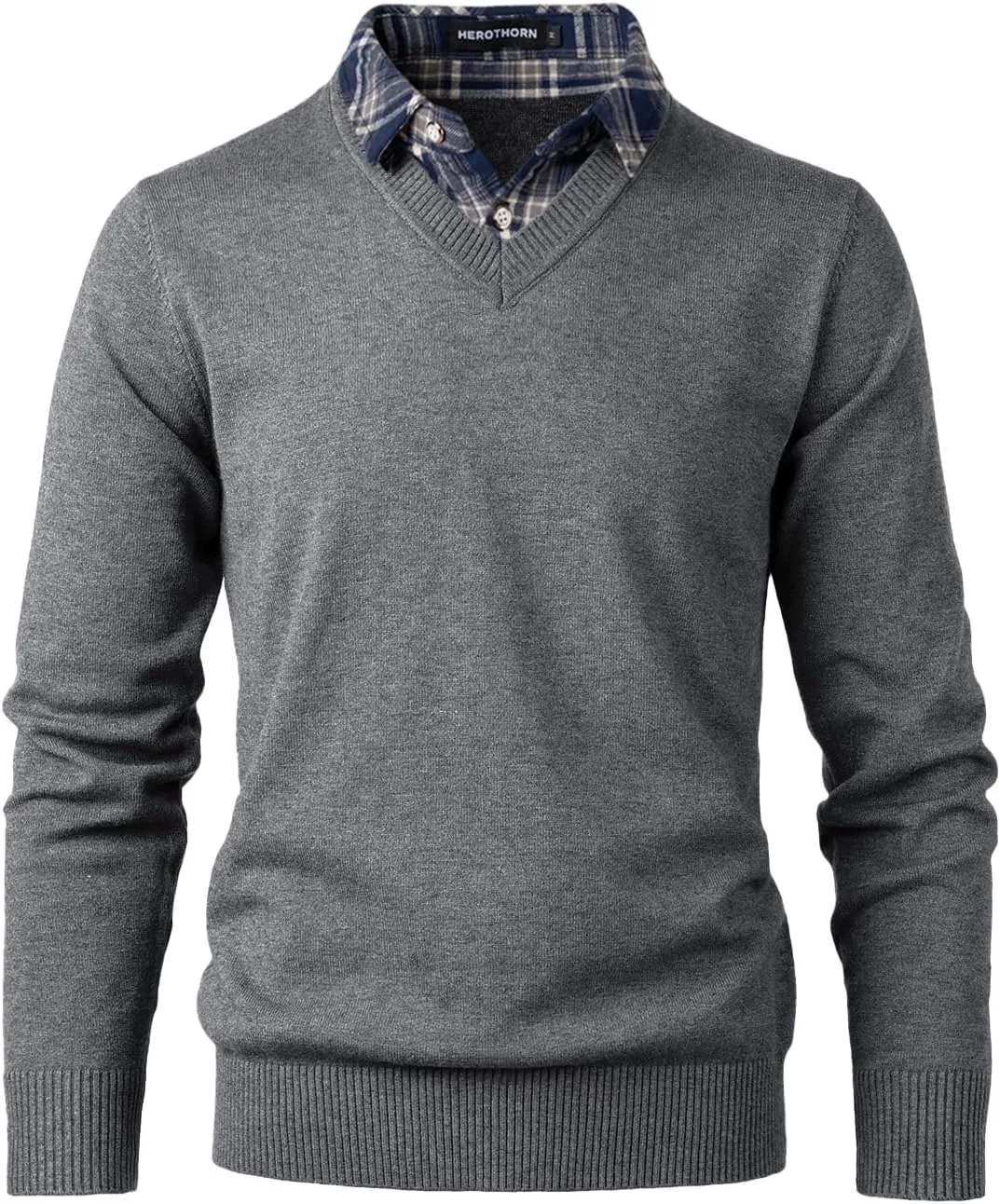 Men's Knit Sweater Fashion Pullover Soft Touch V-Neck Sweatshirt Top with Plaid or White Mock Shirt Collar