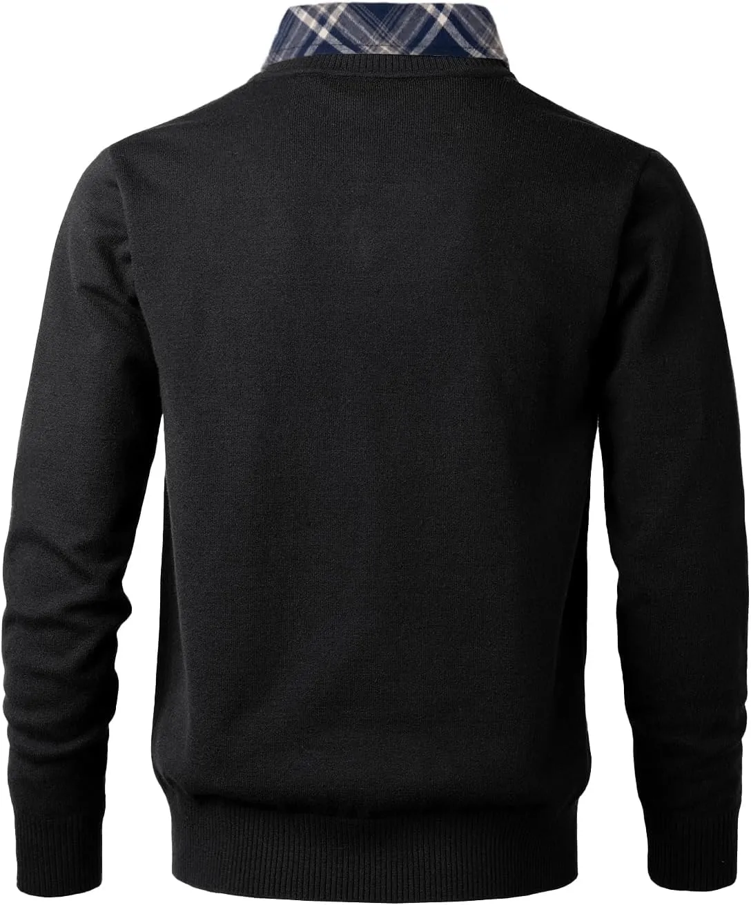Men's Knit Sweater Fashion Pullover Soft Touch V-Neck Sweatshirt Top with Plaid or White Mock Shirt Collar