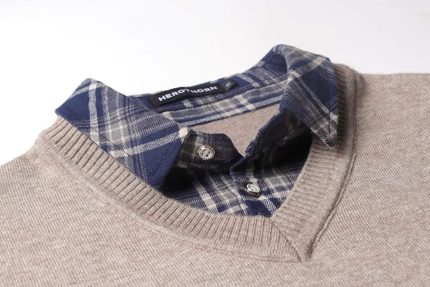 Men's Knit Sweater Fashion Pullover Soft Touch V-Neck Sweatshirt Top with Plaid or White Mock Shirt Collar
