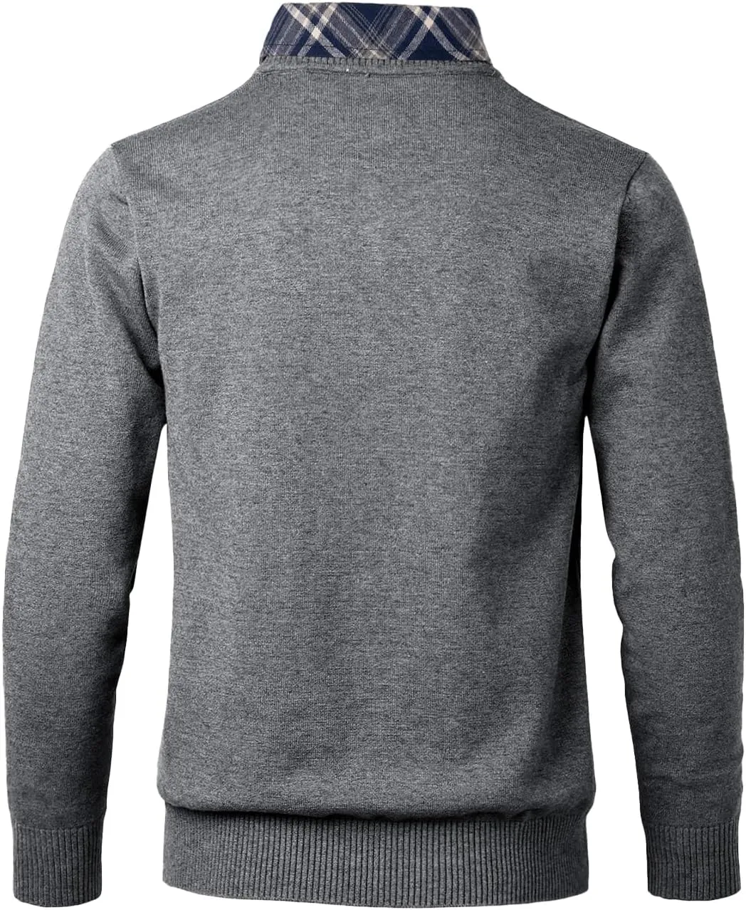 Men's Knit Sweater Fashion Pullover Soft Touch V-Neck Sweatshirt Top with Plaid or White Mock Shirt Collar