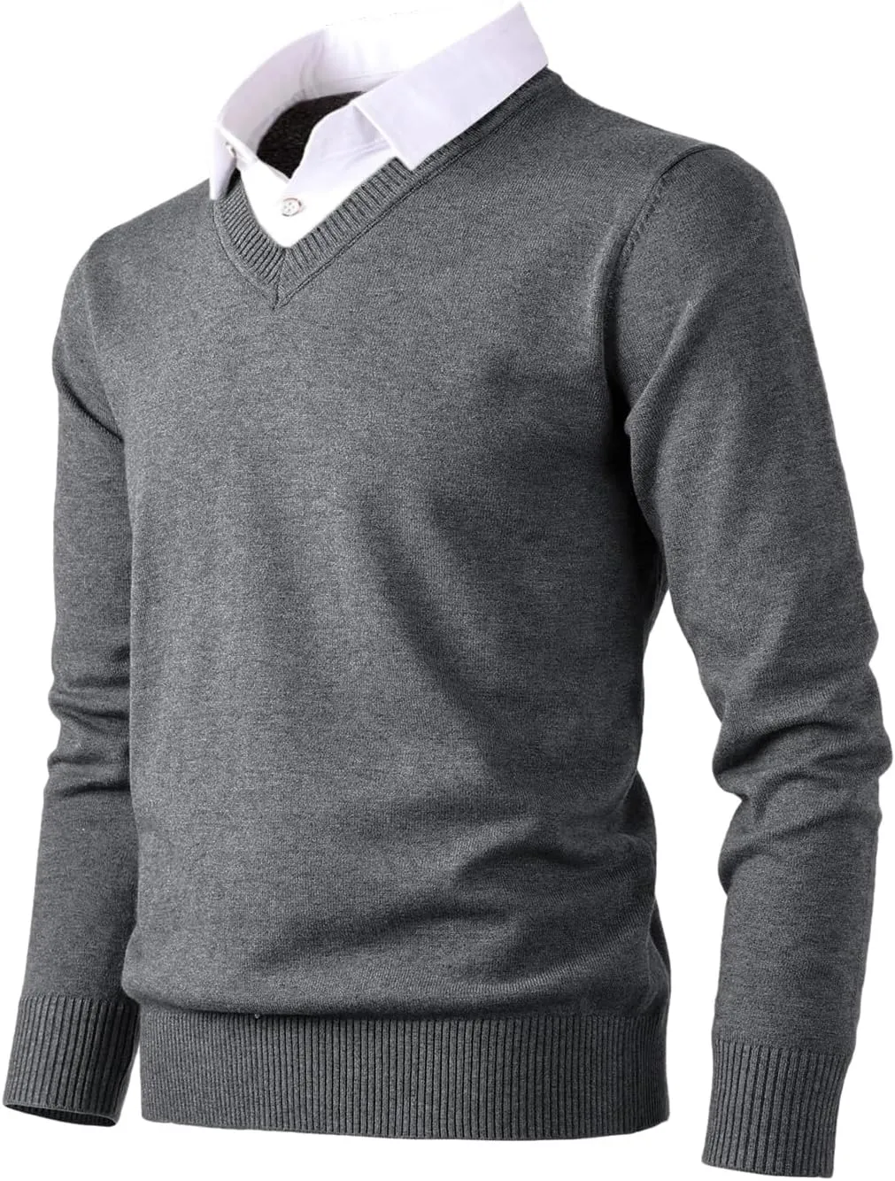 Men's Knit Sweater Fashion Pullover Soft Touch V-Neck Sweatshirt Top with Plaid or White Mock Shirt Collar