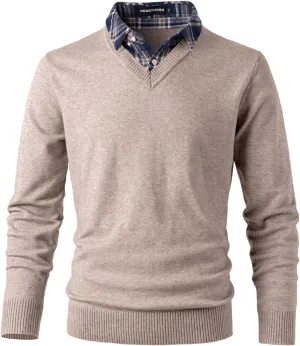 Men's Knit Sweater Fashion Pullover Soft Touch V-Neck Sweatshirt Top with Plaid or White Mock Shirt Collar