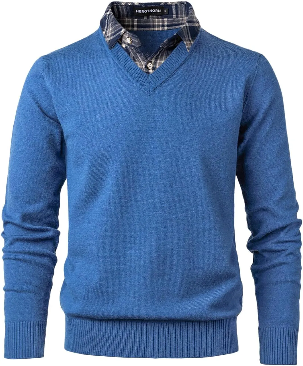 Men's Knit Sweater Fashion Pullover Soft Touch V-Neck Sweatshirt Top with Plaid or White Mock Shirt Collar