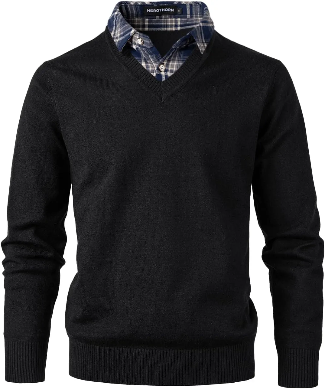 Men's Knit Sweater Fashion Pullover Soft Touch V-Neck Sweatshirt Top with Plaid or White Mock Shirt Collar