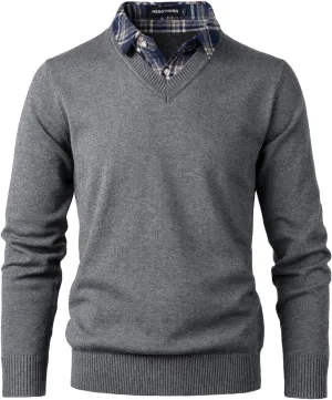 Men's Knit Sweater Fashion Pullover Soft Touch V-Neck Sweatshirt Top with Plaid or White Mock Shirt Collar