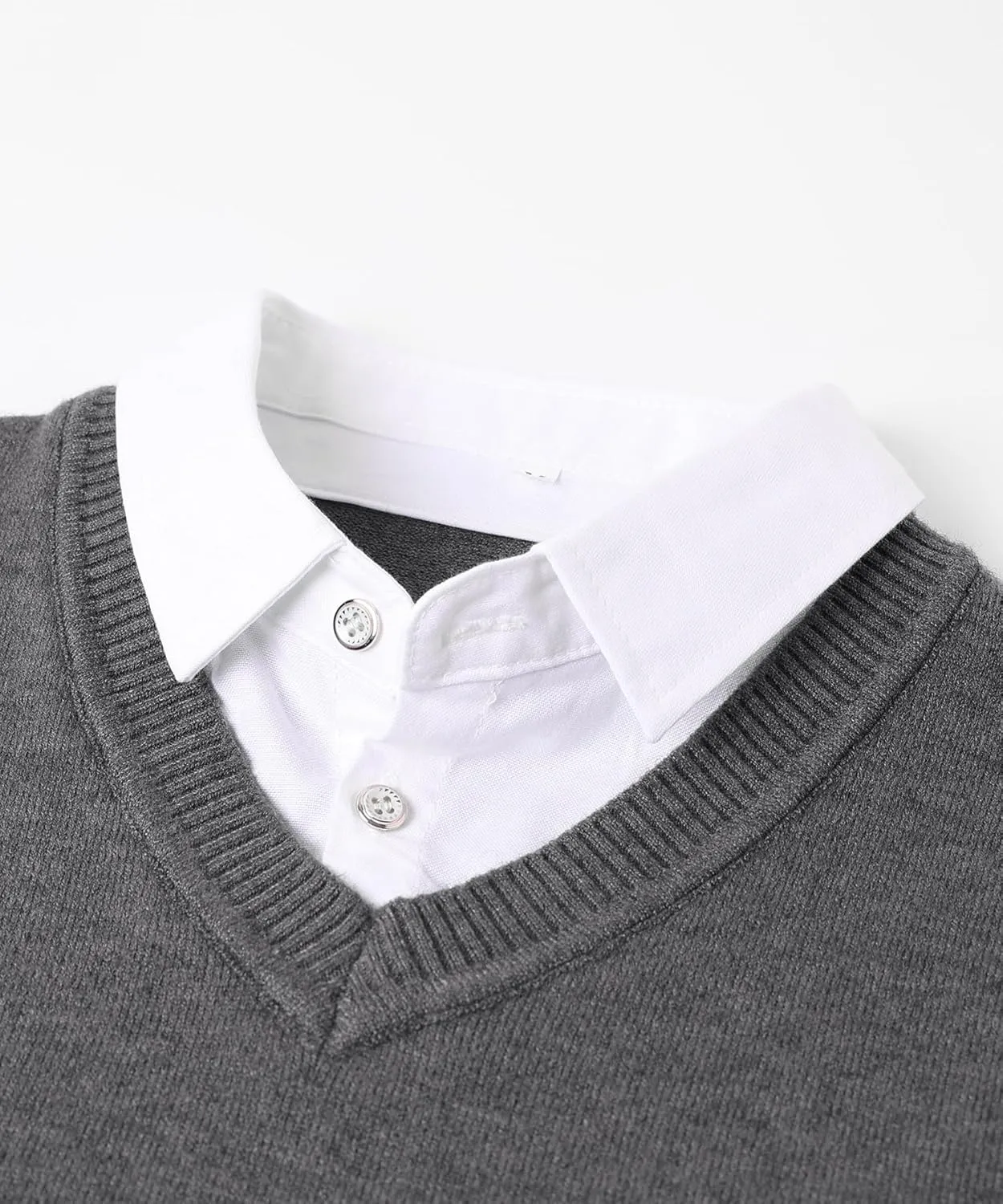 Men's Knit Sweater Fashion Pullover Soft Touch V-Neck Sweatshirt Top with Plaid or White Mock Shirt Collar