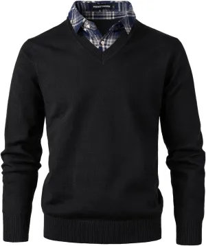Men's Knit Sweater Fashion Pullover Soft Touch V-Neck Sweatshirt Top with Plaid or White Mock Shirt Collar