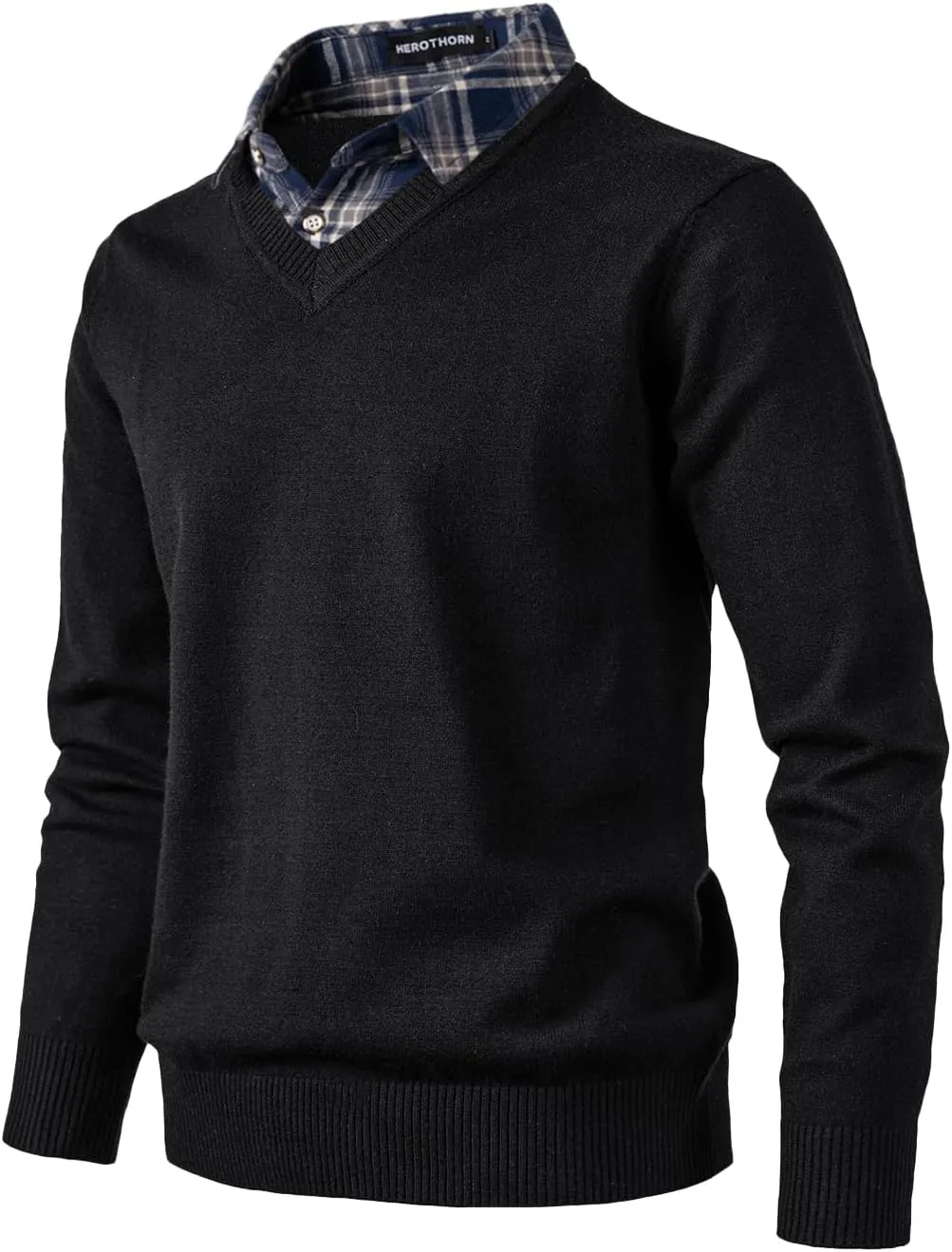 Men's Knit Sweater Fashion Pullover Soft Touch V-Neck Sweatshirt Top with Plaid or White Mock Shirt Collar