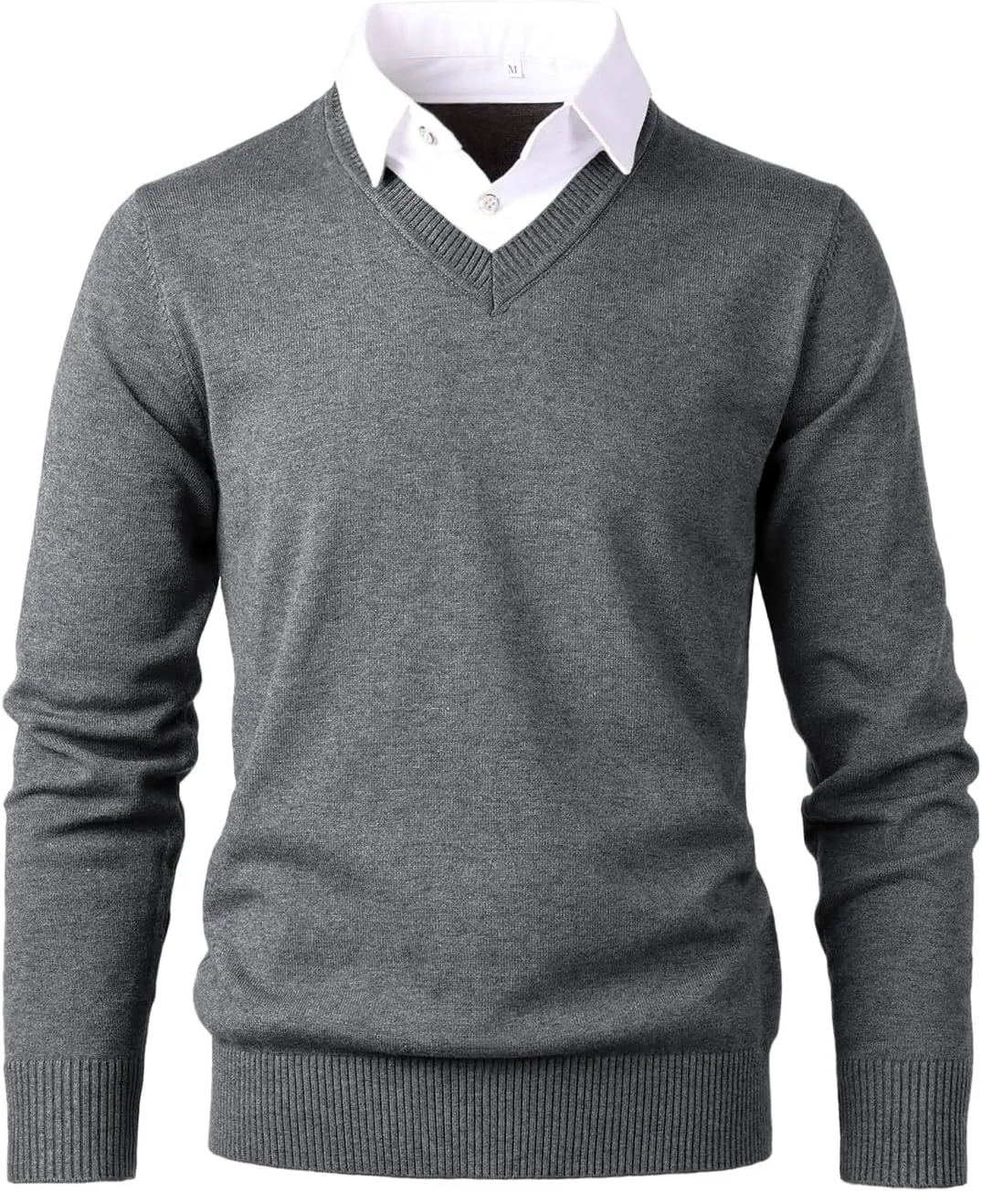 Men's Knit Sweater Fashion Pullover Soft Touch V-Neck Sweatshirt Top with Plaid or White Mock Shirt Collar