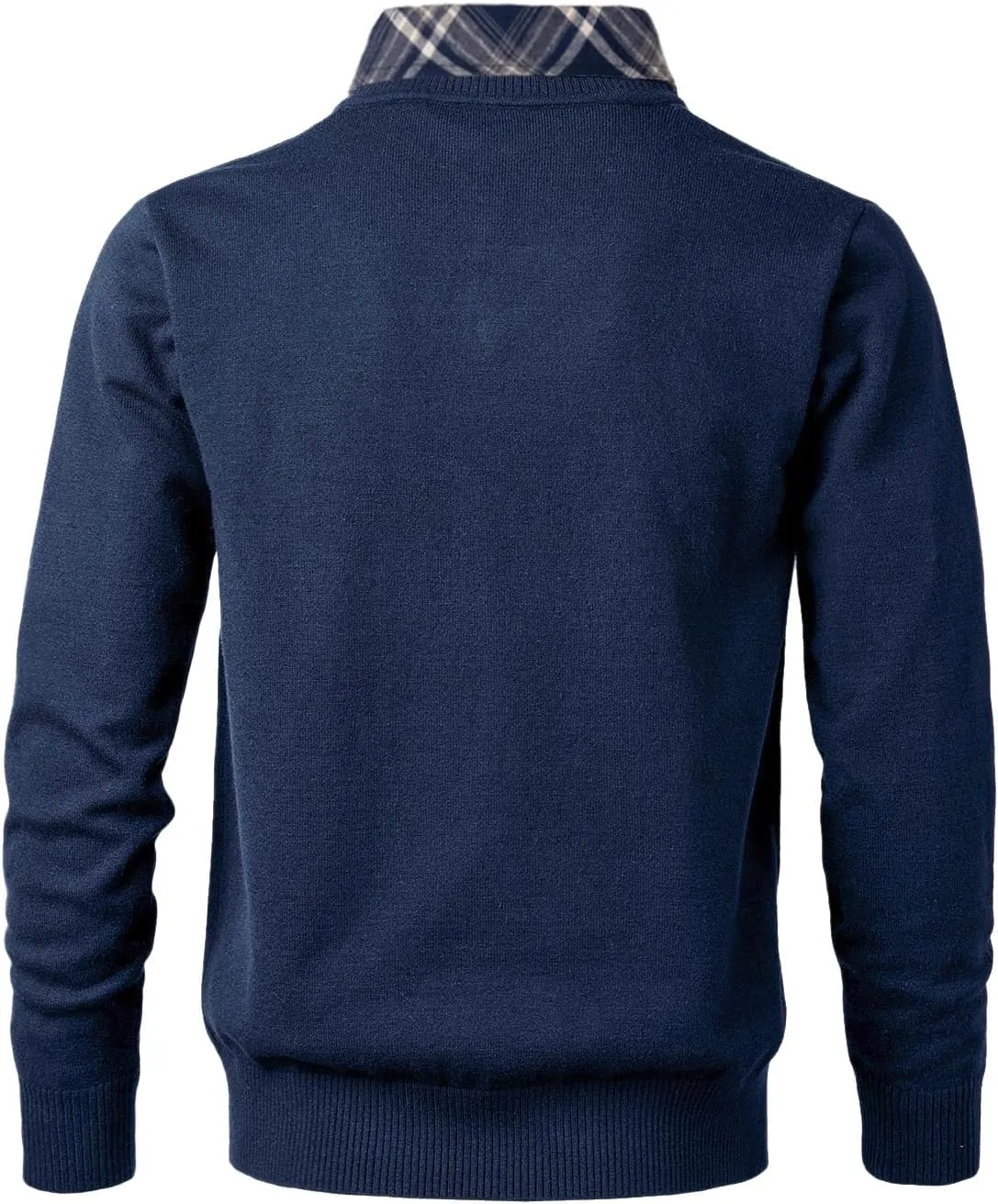 Men's Knit Sweater Fashion Pullover Soft Touch V-Neck Sweatshirt Top with Plaid or White Mock Shirt Collar