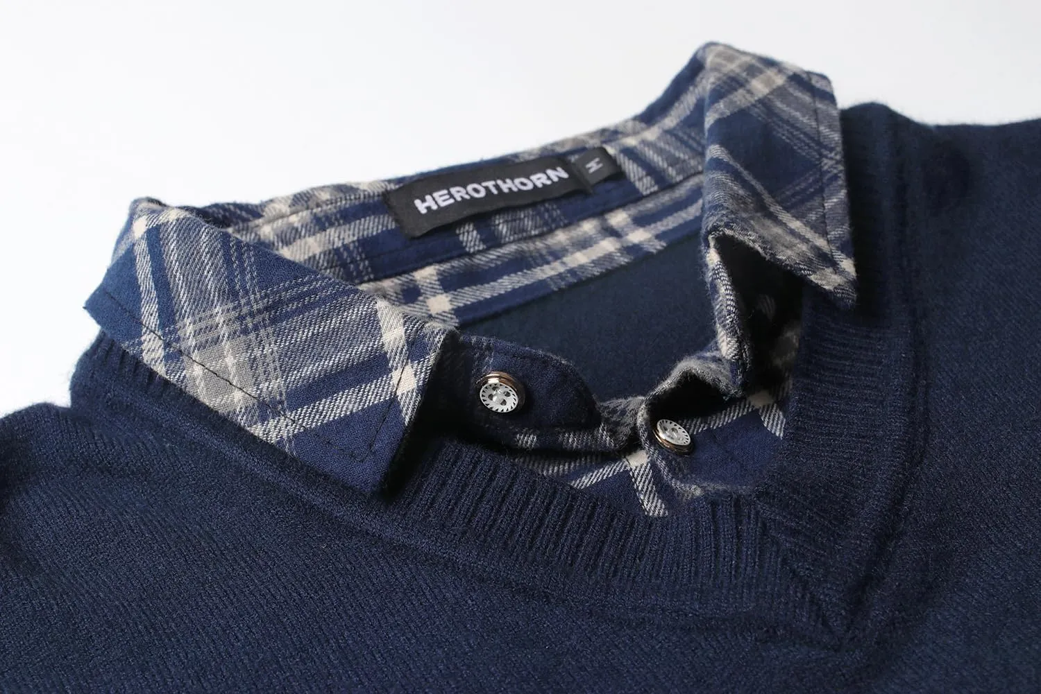 Men's Knit Sweater Fashion Pullover Soft Touch V-Neck Sweatshirt Top with Plaid or White Mock Shirt Collar