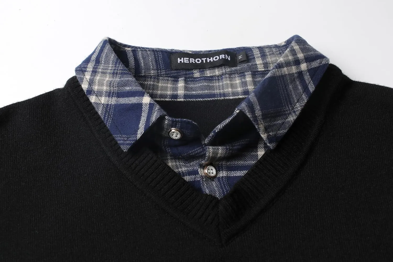Men's Knit Sweater Fashion Pullover Soft Touch V-Neck Sweatshirt Top with Plaid or White Mock Shirt Collar
