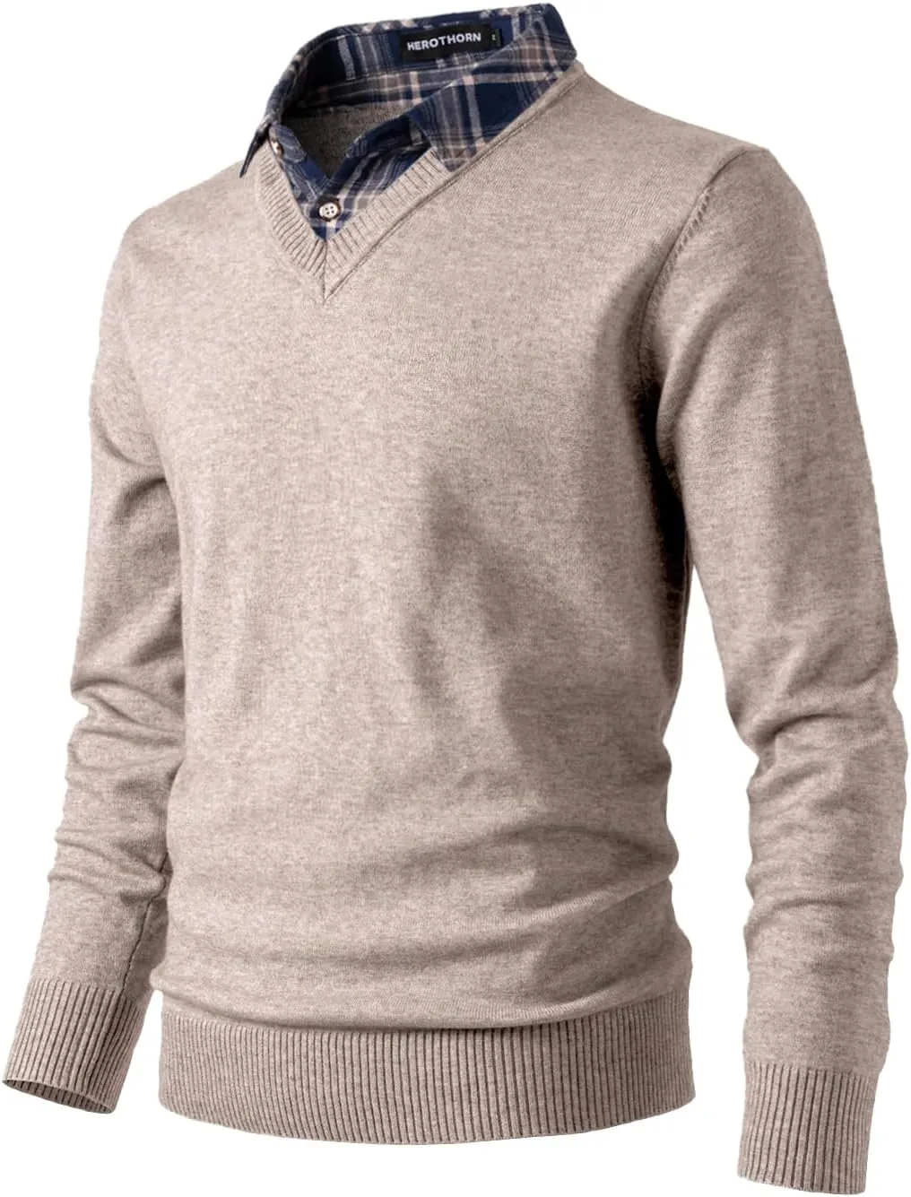 Men's Knit Sweater Fashion Pullover Soft Touch V-Neck Sweatshirt Top with Plaid or White Mock Shirt Collar