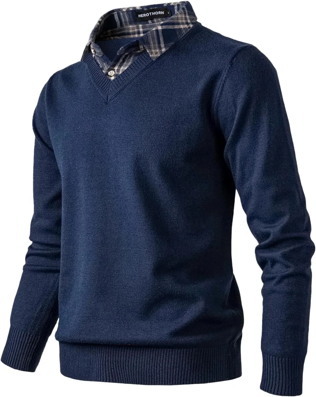 Men's Knit Sweater Fashion Pullover Soft Touch V-Neck Sweatshirt Top with Plaid or White Mock Shirt Collar