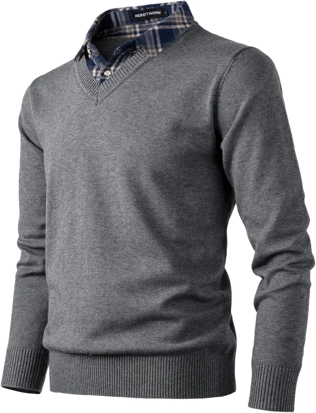 Men's Knit Sweater Fashion Pullover Soft Touch V-Neck Sweatshirt Top with Plaid or White Mock Shirt Collar