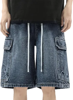 Men's Wide Leg Hip Hop Mid Jean Shorts Baggy Denim Shorts with Pockets Skateboard Pants Streetwear