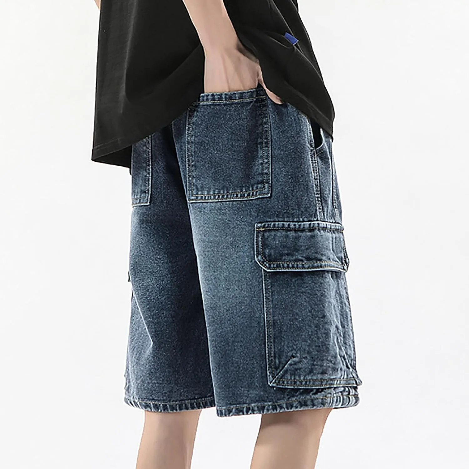 Men's Wide Leg Hip Hop Mid Jean Shorts Baggy Denim Shorts with Pockets Skateboard Pants Streetwear
