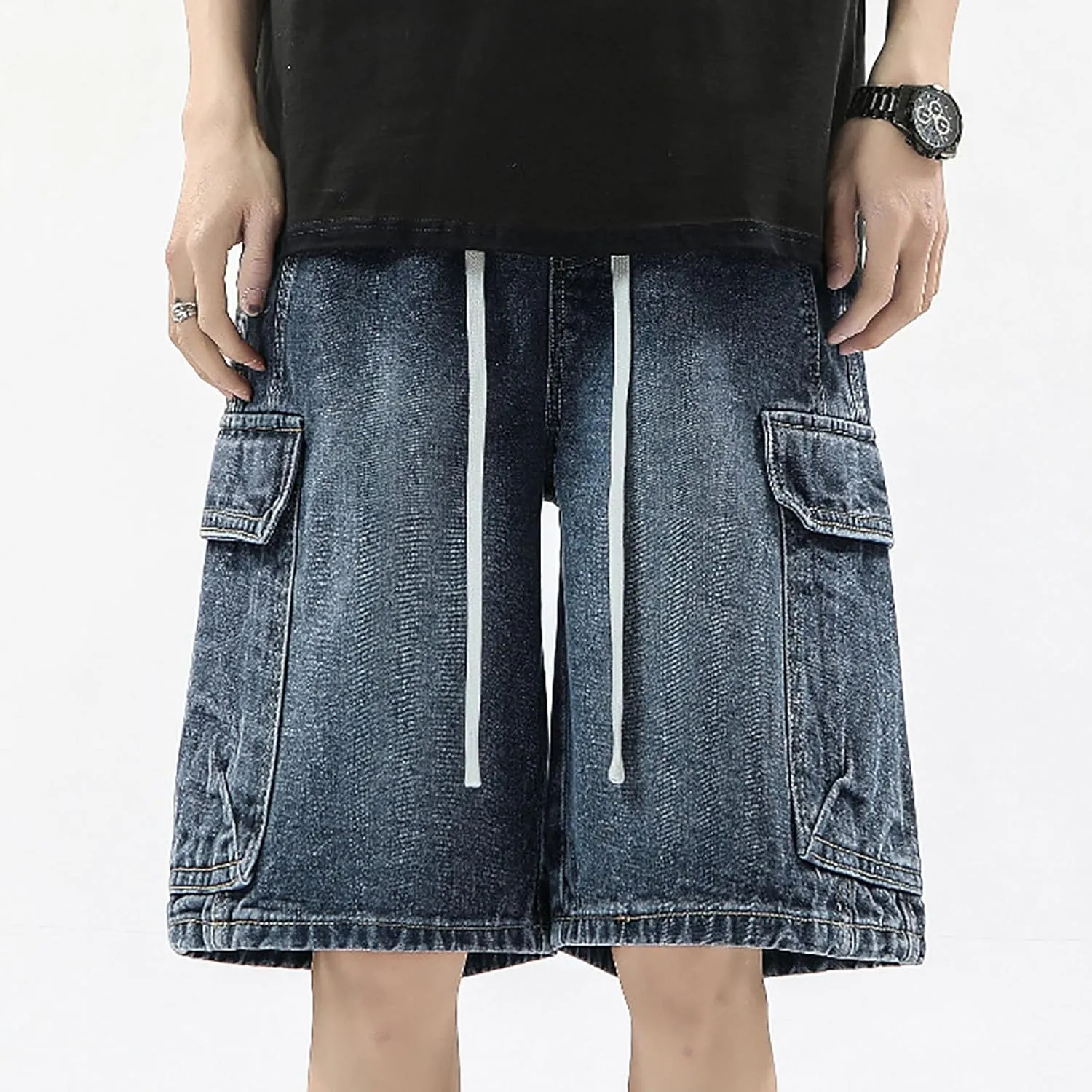 Men's Wide Leg Hip Hop Mid Jean Shorts Baggy Denim Shorts with Pockets Skateboard Pants Streetwear