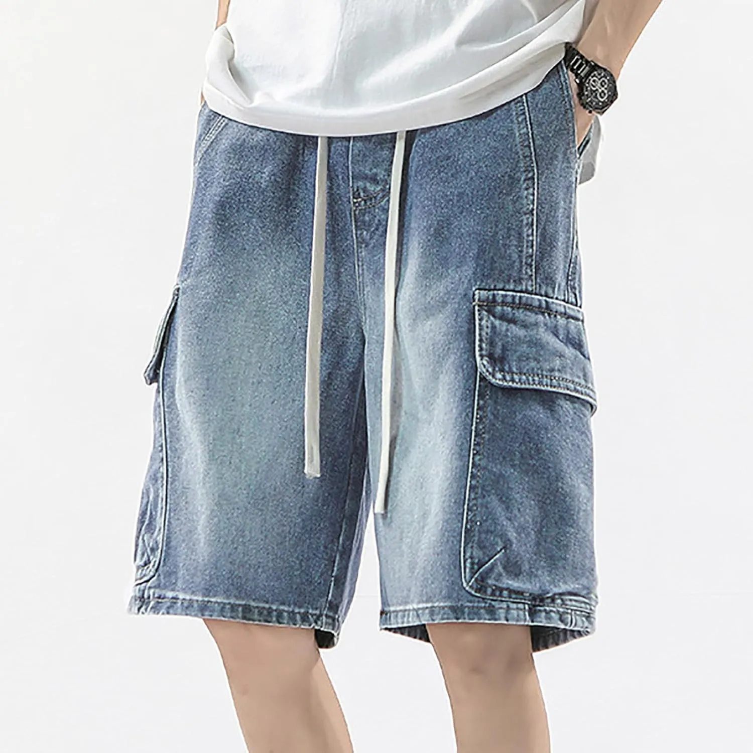 Men's Wide Leg Hip Hop Mid Jean Shorts Baggy Denim Shorts with Pockets Skateboard Pants Streetwear