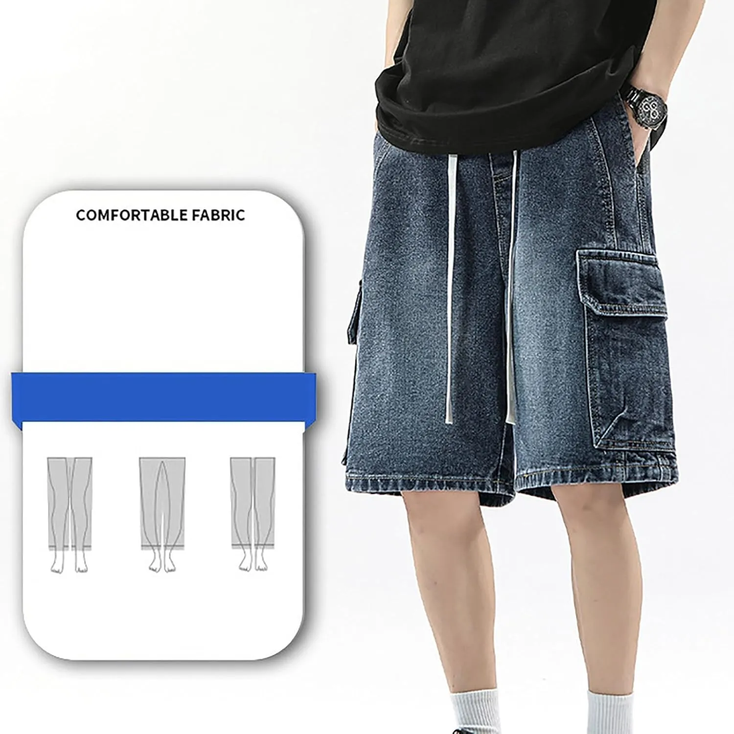 Men's Wide Leg Hip Hop Mid Jean Shorts Baggy Denim Shorts with Pockets Skateboard Pants Streetwear