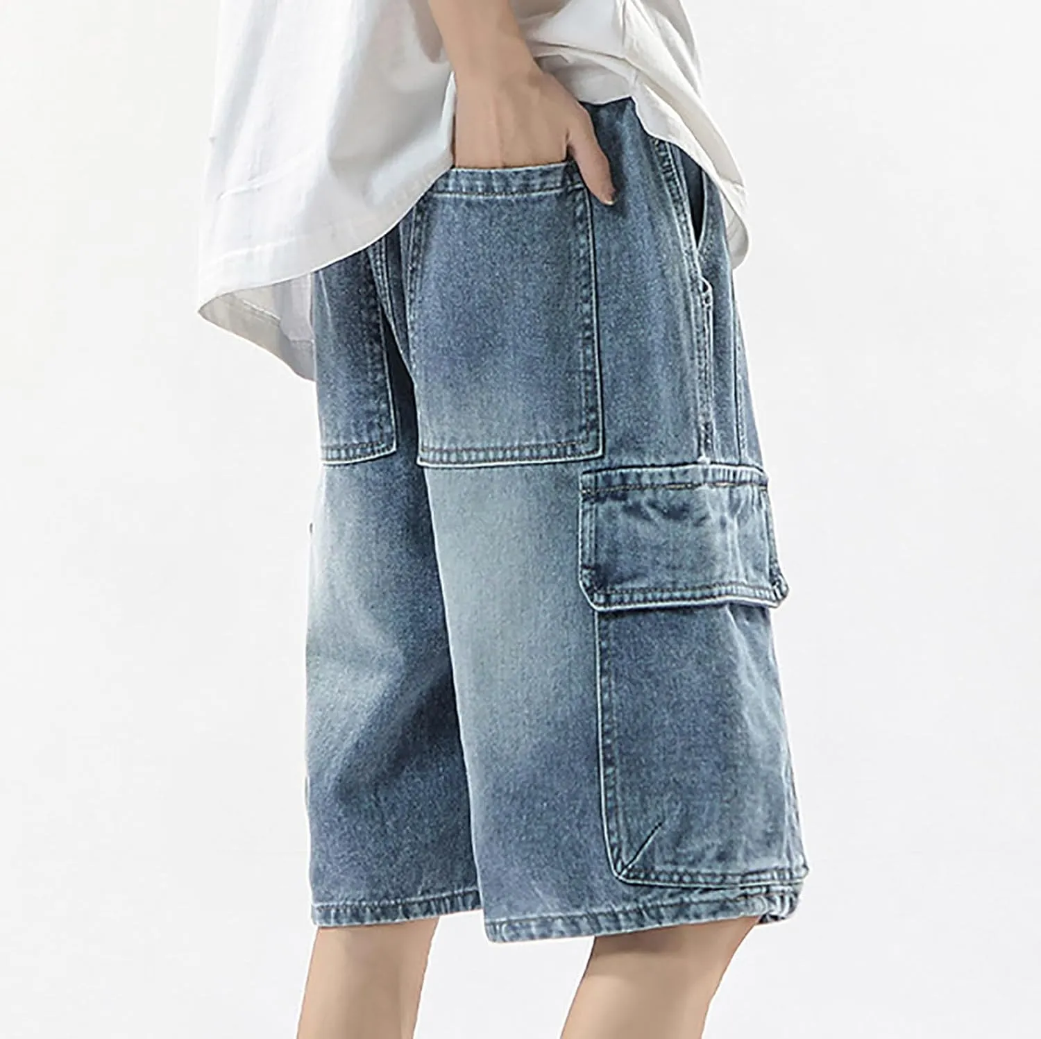 Men's Wide Leg Hip Hop Mid Jean Shorts Baggy Denim Shorts with Pockets Skateboard Pants Streetwear