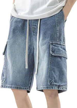 Men's Wide Leg Hip Hop Mid Jean Shorts Baggy Denim Shorts with Pockets Skateboard Pants Streetwear