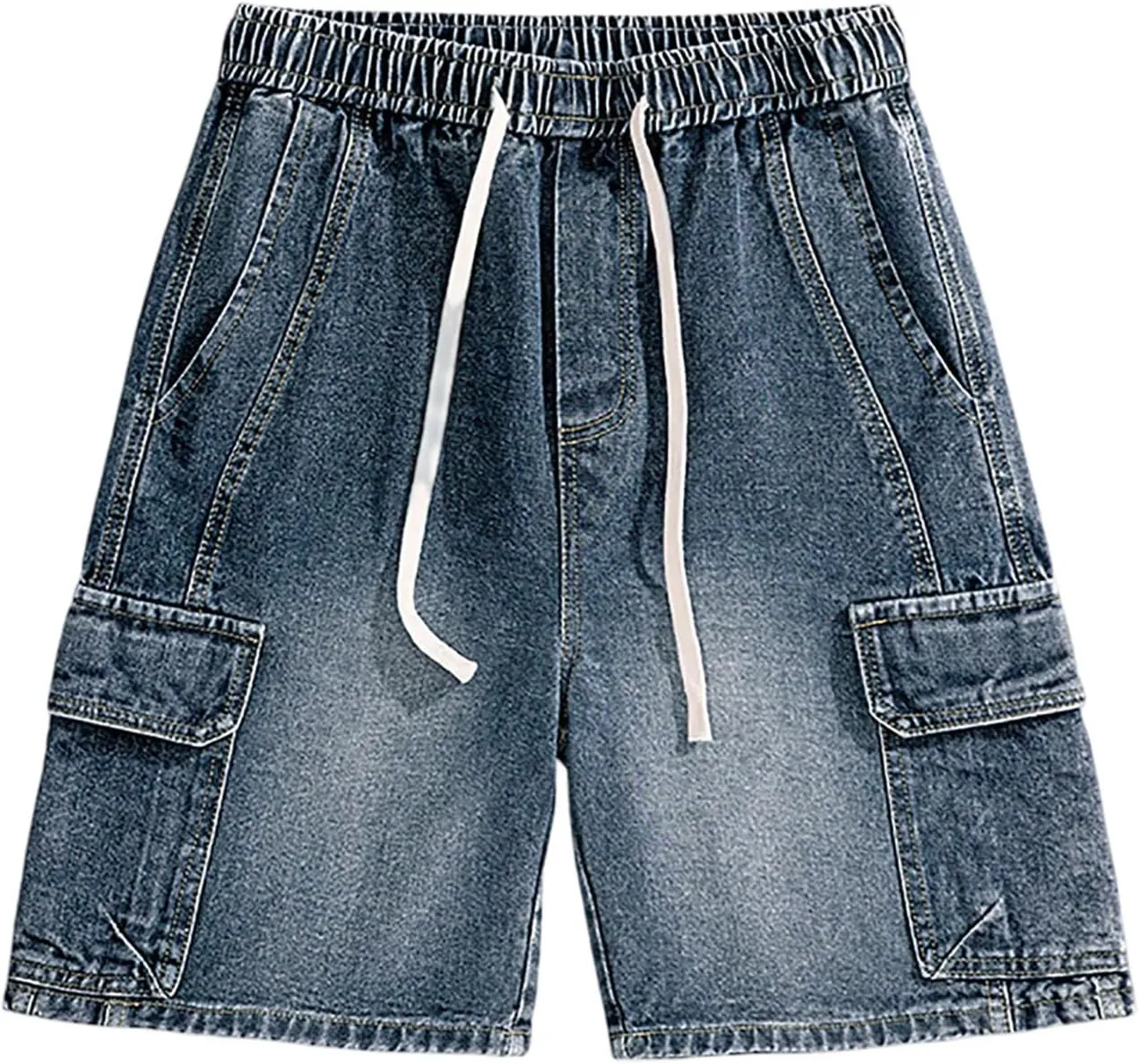 Men's Wide Leg Hip Hop Mid Jean Shorts Baggy Denim Shorts with Pockets Skateboard Pants Streetwear