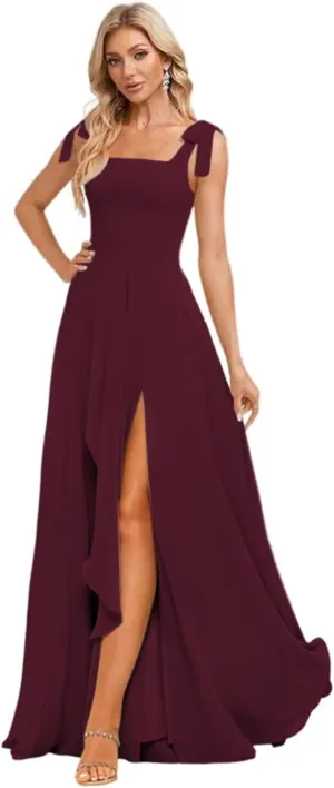 Miao Duo Women's Chiffon Square Neck Bridesmaid Dresses with Slit Flowy Sleeveless Formal Evening Dresses with Bow YZTS239