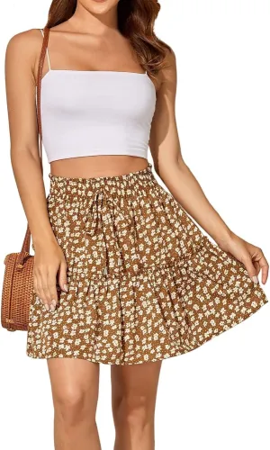 midelxp Summer Floral Mini Skirts for Women Trendy Tiered Elastic High Waisted Skirts Sexy Vacation A-Line Swing Short Skirt