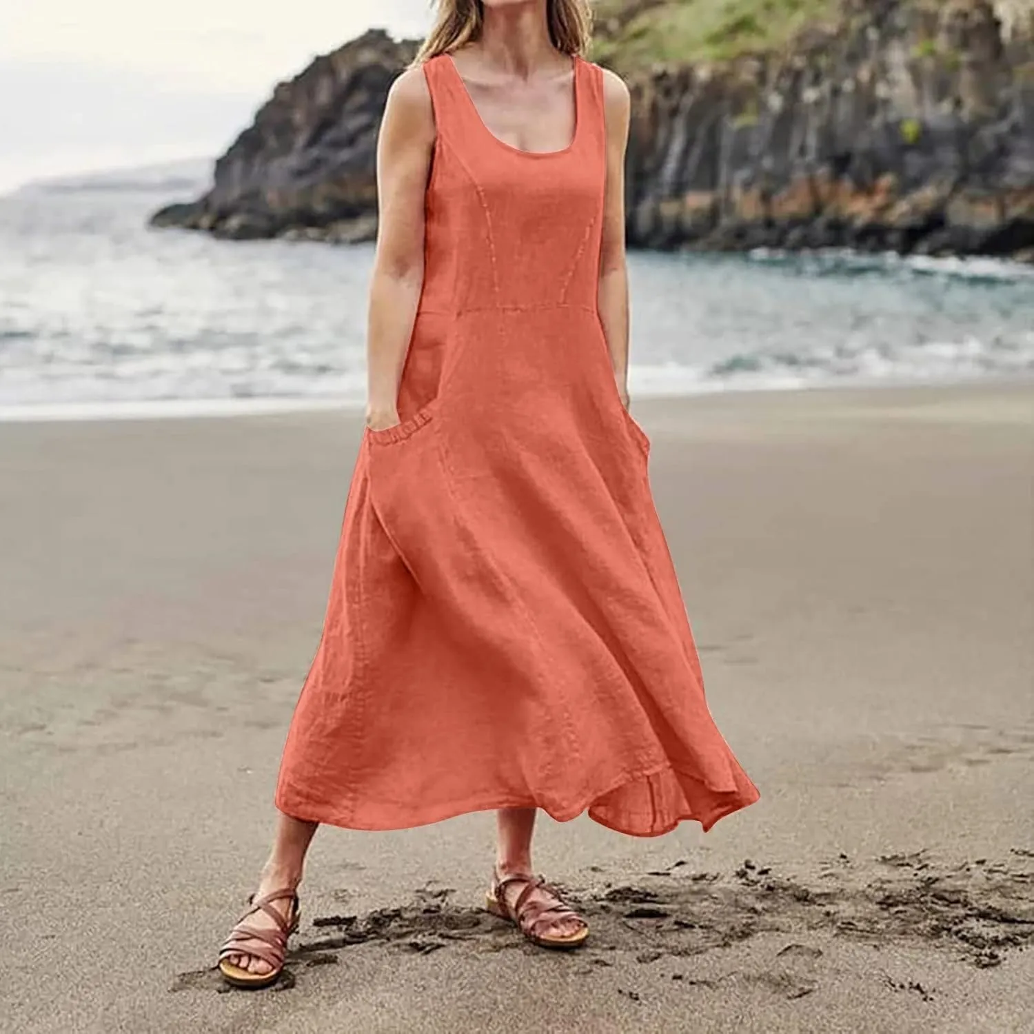 midelxp Summer Sundresses for Women Casual Loose Swing Beach Tank Dresses Sleeveless Solid Color Long Dresses with Pocket