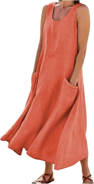 midelxp Summer Sundresses for Women Casual Loose Swing Beach Tank Dresses Sleeveless Solid Color Long Dresses with Pocket